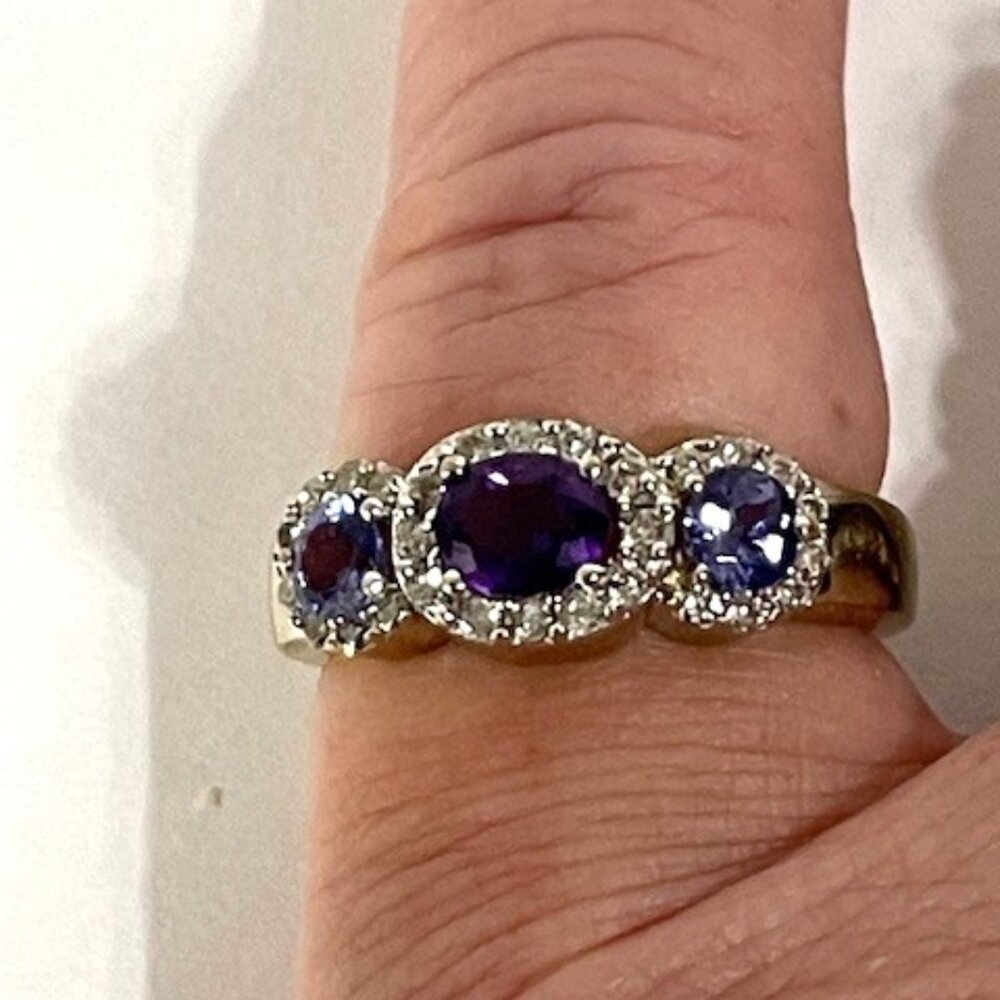 Amethyst, tanzanite, diamond and 14K gold cocktail ring.